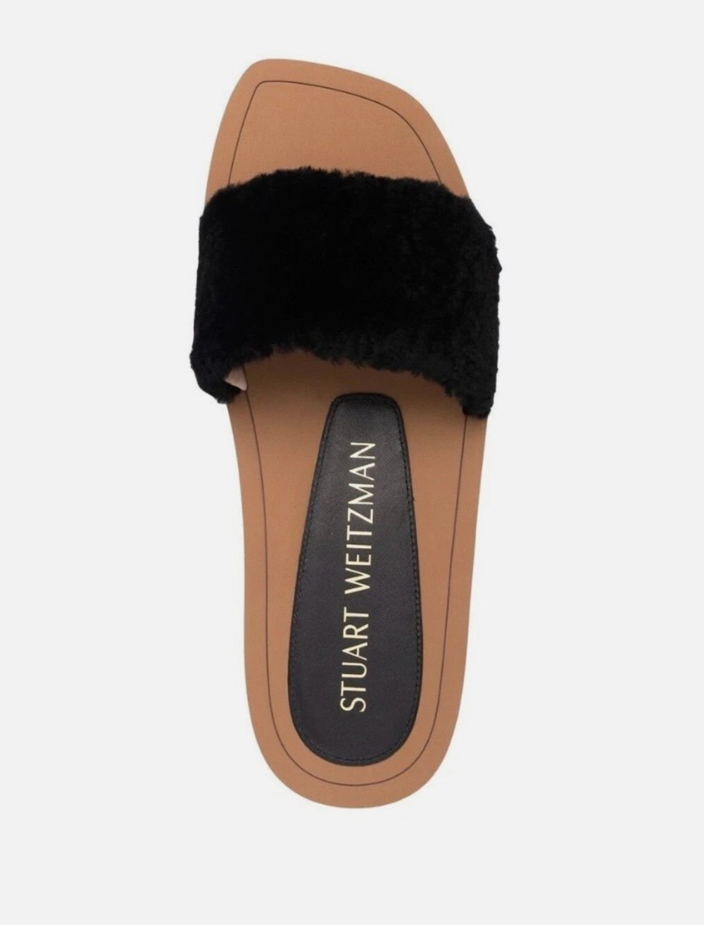 Stuart Weitzman Black Faux-Fur Slide Mules with Tan Footbed